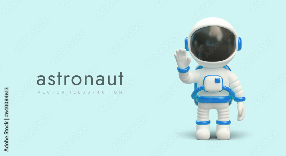 3D cosmonaut. Human in spacesuit with opaque helmet. Greeting gesture. Contact of civilizations. National Astronaut Day. Color vector banner for web design 3D cosmonaut. Human in spacesuit with opaque helmet. Greeting gesture. Contact of civilizations. National Astronaut Day. Color vector banner for web design