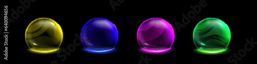 Protect sphere shield - bubble shell with protective force field. Dome barrier with glass or energy globe. Realistic vector illustration set of colorful glowing balls with power safety technology.