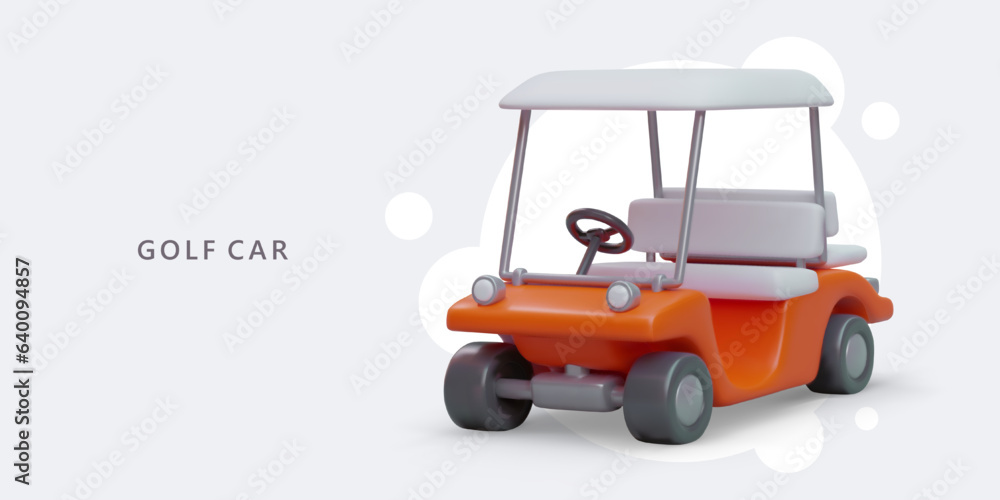 Realistic golf car in cartoon style. Color cart with open body. Mini vehicle for trips on golf course. Equipment for expensive sports. Vector color poster