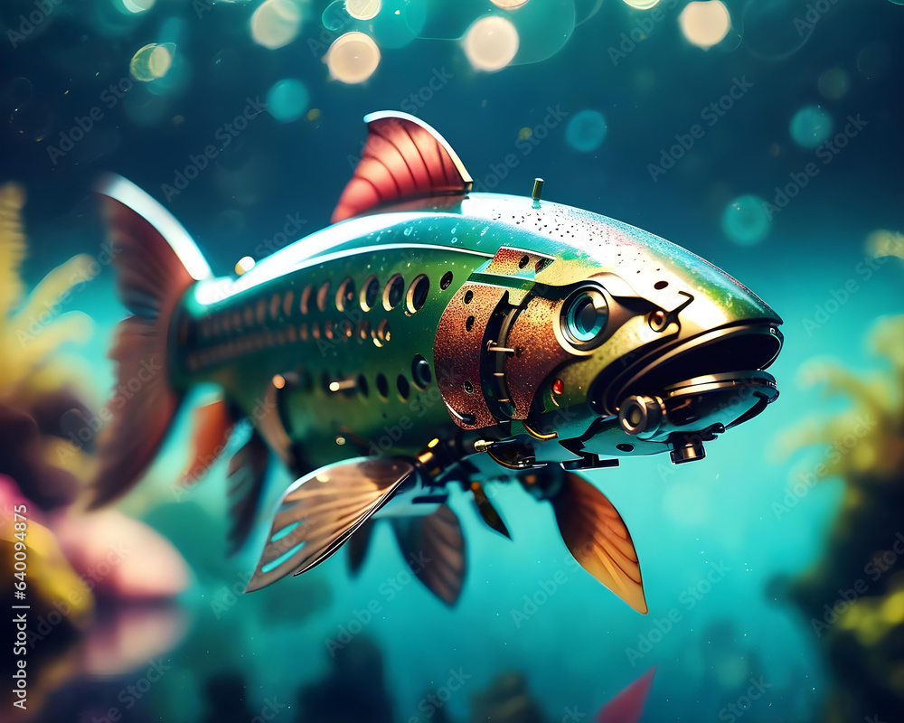 a high-tech robot android trout - generative ai - obrazy, fototapety, plakaty 