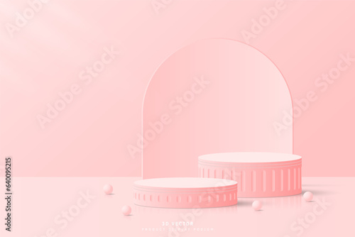 Modern 3D pink cylinder podium pedestal realistic in clean studio room with arch shape backdrop and sphere balls. Platform for show cosmetics or product display presentation. 3D vector rendering.