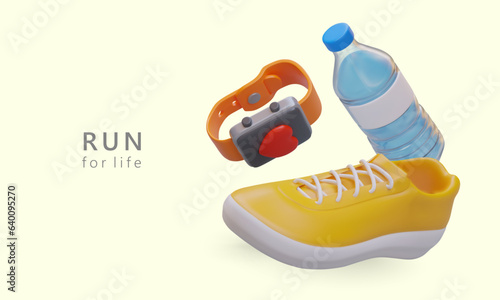 Daily jogging, fitness. Run for life. Accessories of sprinter, marathon runner. Concept for sports website, application. Health care. Running speed competition