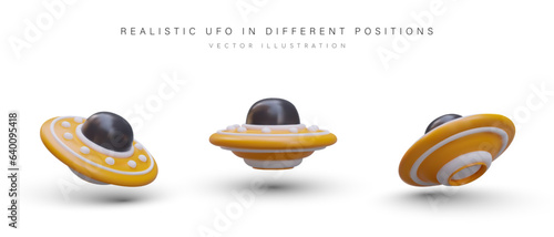 Realistic flying saucer in different positions. View from top, side, bottom. Color isolated UFO. Vector object on white background. Icons for game, application, site