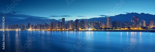 Resort town from sea in night. Banner. Generative ai © Yulia