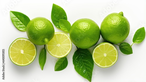 Lime fruits with green leaf and cut in half slice, Top view