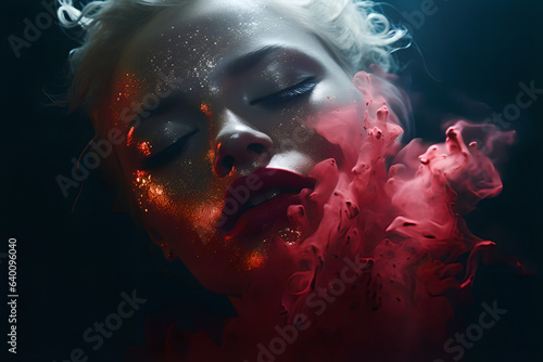 Dissolving Beauty Model, closed eyes, fading to red smoke, The Crywolf Series, Generative AI