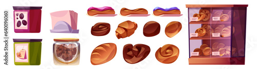 Bakery shop interior elements and pastries set - glass showcase with baked goods on shelves, fresh cakes, cookies and bread, containers with coffee and tea. Cartoon catering production and furniture.