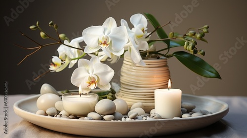 Floral home decor with white orchid candle