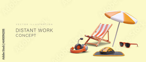 Easy and pleasant distant work. Workplace on beach. Rest and management at resort. 3D sunglasses, folding chair, beach umbrella, headphones, computer mouse. Benefits of remote worker