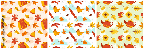 Set of Autumn Season Seamless Pattern Design with Fall Elements in Template Cartoon Flat Illustration