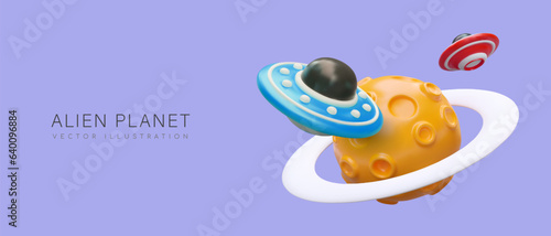3D planet with craters and asteroid belt, flying saucers. Home of aliens. Extraterrestrial civilization. Color vector concept. Advertising events, courses, programs