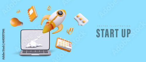 Realistic rocket takes off from laptop. Launching new business. Creative poster in cartoon style. Icons of messenger, planner, calendar, light bulb. Manager success. Startup