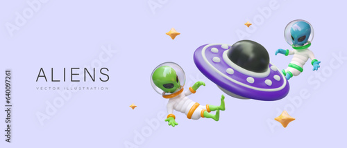 3D humanoids in weightlessness. Aliens in space near flying saucer. Vector composition on purple background. Extraterrestrial technologies. Horizontal color banner for web design
