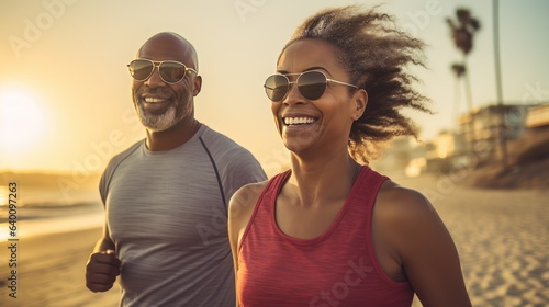 Jogging workout. Middle aged African American ouple during jogging workout on the beach.
