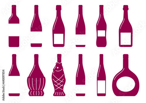 いろいろな形のワインボトルのイラストセット　シルエット　ボトル　アイコン