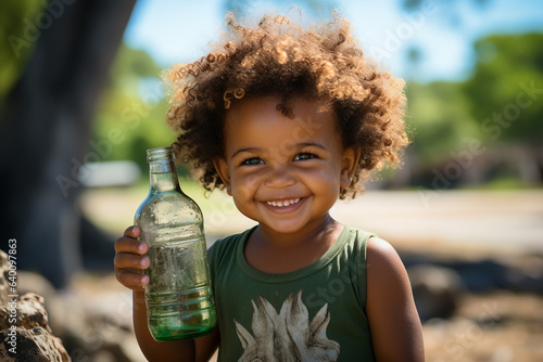Bottle of pure fresh drinking water in hand of thirsty happy little child. Draught in Africa, lack of clean water, world's global warming problem concept. Generative AI Technology