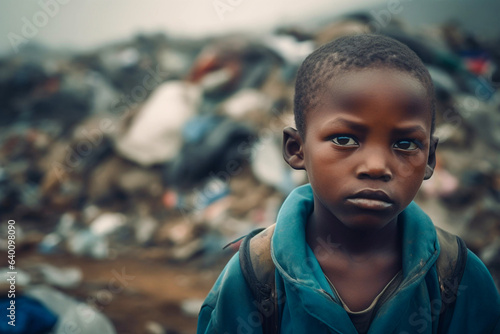 Kid standing in garbage dump surrounded by polluted air. Sad teenager African child dressed in tattered clothes at the towering mountains of trash. Environmental problem in poor country. Generative AI