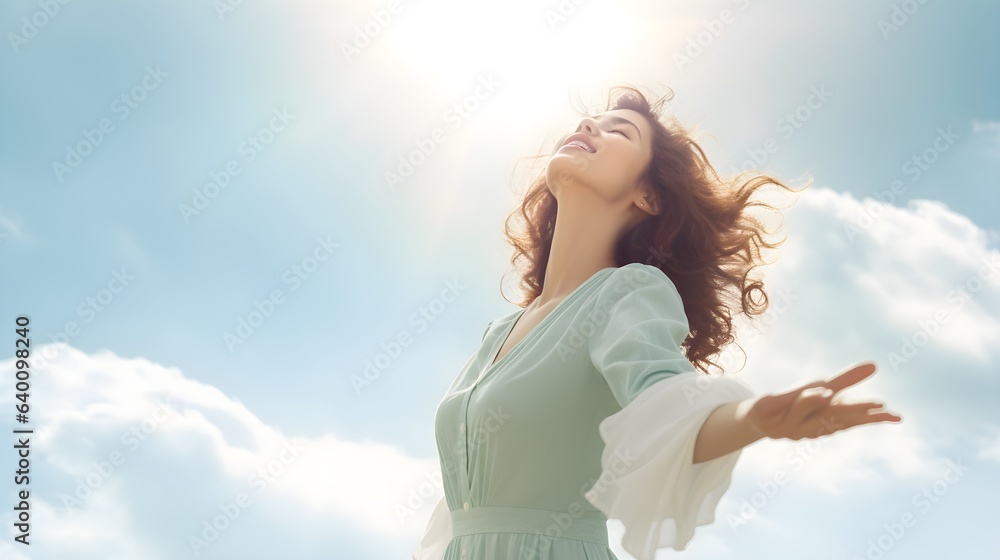 Smiling blonde woman in a blue dress enjoys the beauty of summer outdoors, radiating joy and happiness Smiling blonde woman in a blue dress enjoys the beauty of summer outdoors, radiating joy and happiness