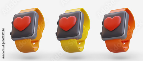 Set of smart watches. Fitness bracelets of different colors. Modern wristwatch with heart on screen. Gadget for monitoring health. Heart rate measurement