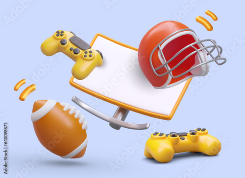 Sports online. Computer tournament, virtual game. Team competitions and duels. Digital hockey, rugby, American football. Time to play. Cartoon style concept