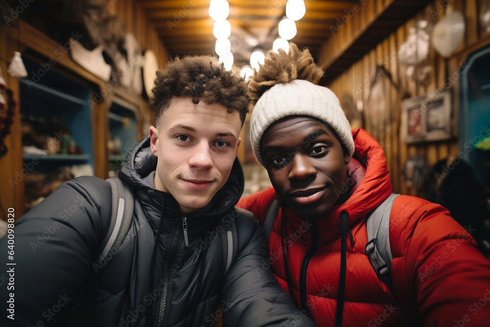 Strong young friendship relationship concept. Selfie of young multiethnic, multinational, multirational teenage friends spending time together. Generative AI Strong young friendship relationship concept. Selfie of young multiethnic, multinational, multirational teenage friends spending time together. Generative AI