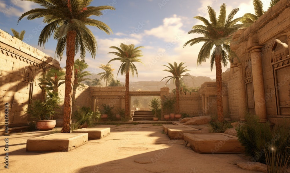 The tranquil oasis of lush palm trees provides a serene backdrop to the ancient temple. The tranquil oasis of lush palm trees provides a serene backdrop to the ancient temple.