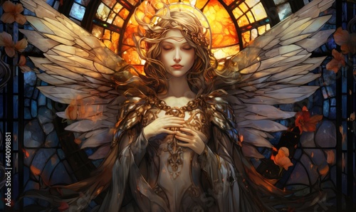 A celestial being takes flight: a female angel with outstretched wings.