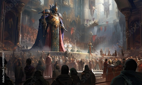 Captivating illustration portrays a fantasy king in his opulent throne room, attended by devoted servants.