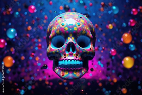 Vibrant neon polka dots pops Halloween painted skull party mask, great isolated avatar profile image, spooky cool, horrifically arty, night of the dead - generative AI