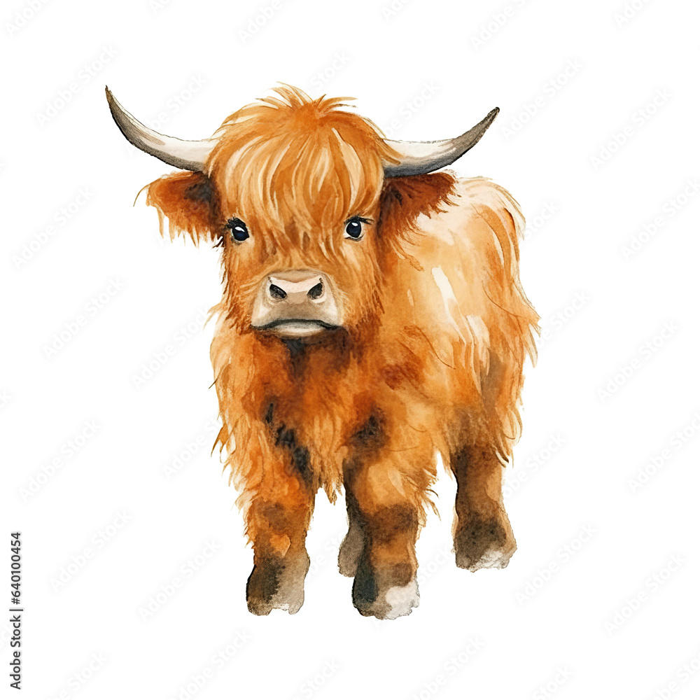Baby highland cow watercolor clipart on transparent background. Generative AI illustration Baby highland cow watercolor clipart on transparent background. Generative AI illustration