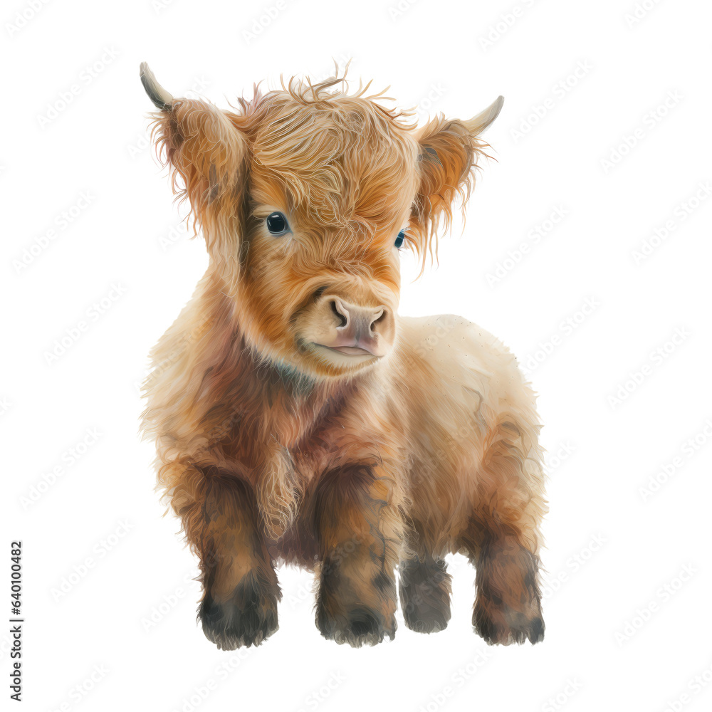 Baby highland cow watercolor clipart on transparent background. Generative AI illustration Baby highland cow watercolor clipart on transparent background. Generative AI illustration