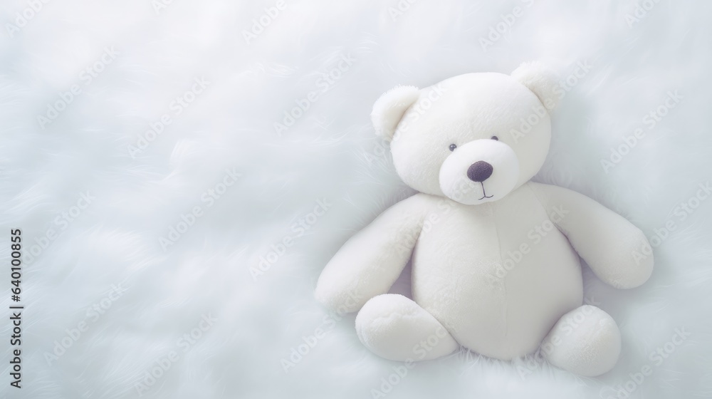 Cute little teddy bear sitting alone on white bed in morning. Cute little teddy bear sitting alone on white bed in morning.
