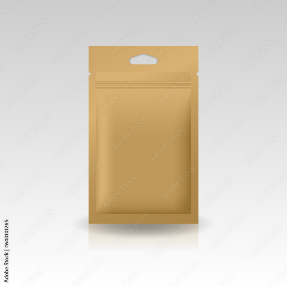 Kraft paper brown foil, plastic, paper flat zip lock bag with triangle hang hole for products. Isolated on gradient gray background. Ready to use for package design. Realistic vector illustration.