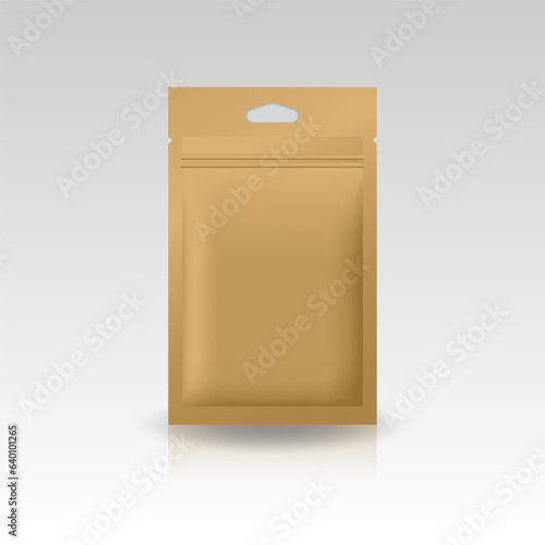 Kraft paper brown foil, plastic, paper flat zip lock bag with triangle hang hole for products. Isolated on gradient gray background. Ready to use for package design. Realistic vector illustration.