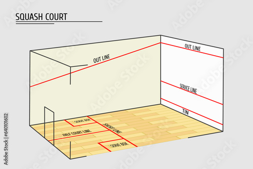 Squash court in projection with red marking lines and zone names. Drawing of a room for playing squash. Vector illustration of a playground