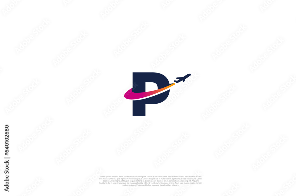 Initial etter P and airplane for agency travel check, transport, logistics, delivery logo design. Vector illustration template
