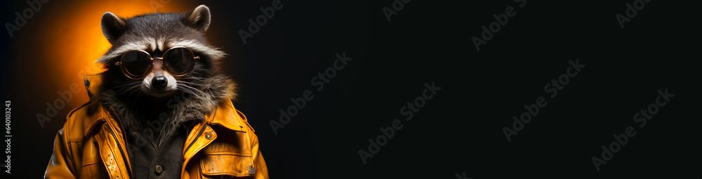 Horizontal banner portrait of cool hipster racoon in sunglasses in yellow stylish leather jacket on black background. Empty space place for text, copy paste. Generative AI