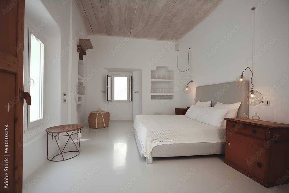 Meiterranean style bedroom interior with modern bed.