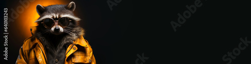 Horizontal banner portrait of cool hipster racoon in sunglasses in yellow stylish leather jacket on black background. Empty space place for text, copy paste. Generative AI