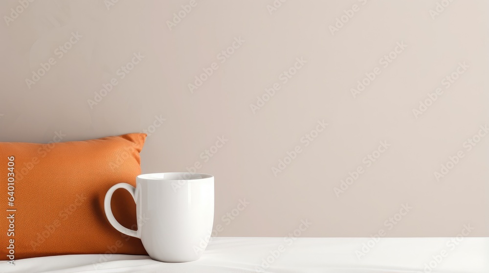 A cup of coffee with on the table, atmospheric photo pillows, against a light wall minimalistic background