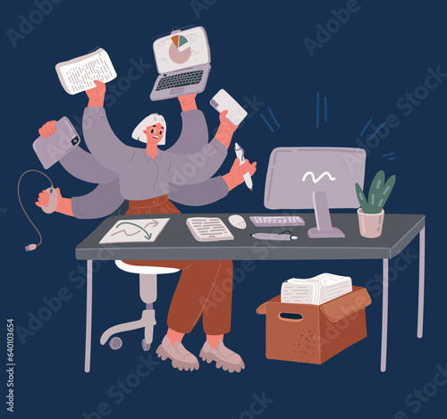 Cartoon vector illustration of Young girl busy shiva office manager with many hands keeps supplies.