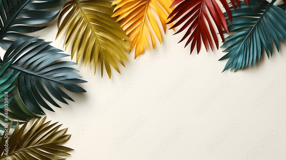 Fototapeta premium Creative layout made of colorful tropical leaves on white background. Minimal summer exotic concept with copy space. Border arrangement. AI generative