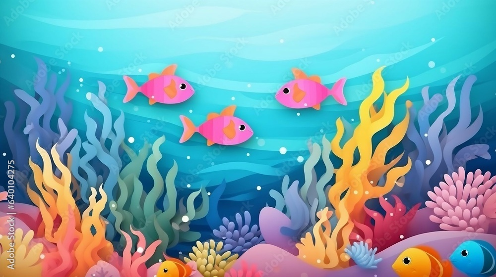 Naklejka premium Whimsical undersea world with colorful paper fish
