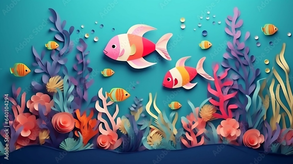Fototapeta premium Whimsical undersea world with colorful paper fish 