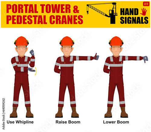 Set of worker present Portal Tower and Pedestal Cranes signal on white background