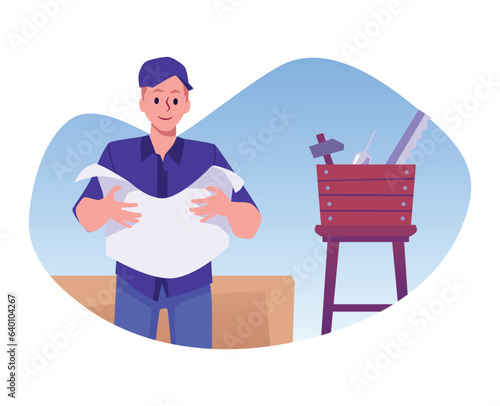 Man is reading assembly instruction, manual, furniture assembly service, vector wooden box with tools hammer, saw, glue