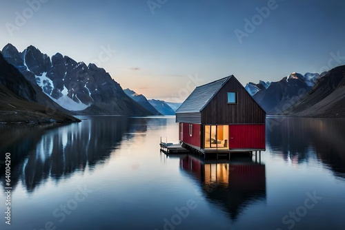 small cabin in the lake of greenland