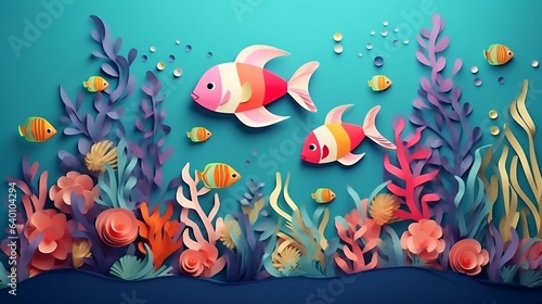 Whimsical undersea world with colorful paper fish 