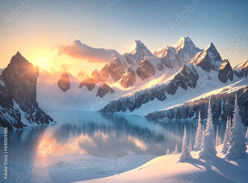 A view of beautiful sunset on ice mountain. Generative AI