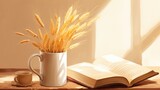 background spikelets and a book of coffee on the table minimalist style